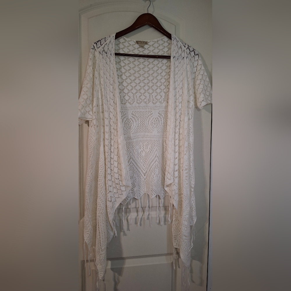 Energe World Wear Crochet Cardigan Duster White Women's Medium Tassel Trim Boho